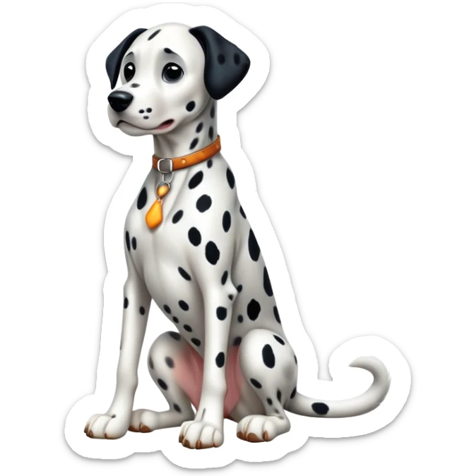cinematic-[dalmatian dog]-realistic-full-body-sitting-emoji,-tail-resting-loosely-beside-its-paws,-head-tilted-dramatically,-sleek-[spotted]-fur,-simplified-yet-realistic-focused-features,-highly-detailed,-glowing-with-an-almost-sarcastic-glow sticker