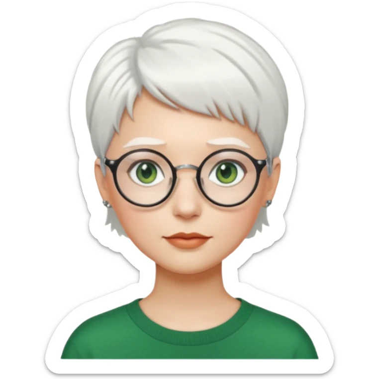 visage femme a lunettes ronde avec cheveux courts blancs aux yeux verts sticker