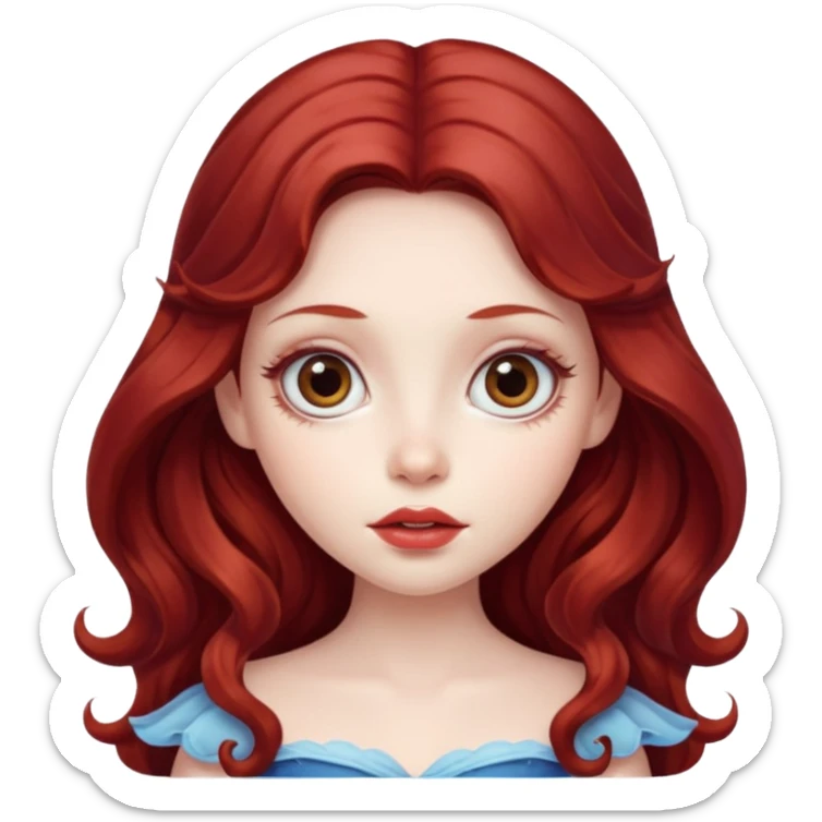 long and wavy dark red haired girl, with thick lips, big eyes and she looks like a fairy sticker