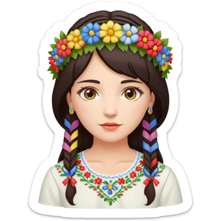 Ukrainian woman in a white embroidered shirt with dark hair in a wreath of flowers with multicoloured ribbons on her head sticker