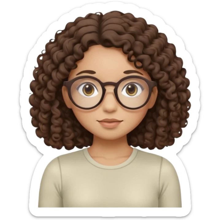 Memoji-style illustrated girl with dark brown curly hair, round glasses, large brown eyes, soft rounded face, warm beige skin tone, wearing neutral Pilates activewear, calm wellness aesthetic, pastel colors, sticker-style digital illustration, smooth shading, white outline. sticker