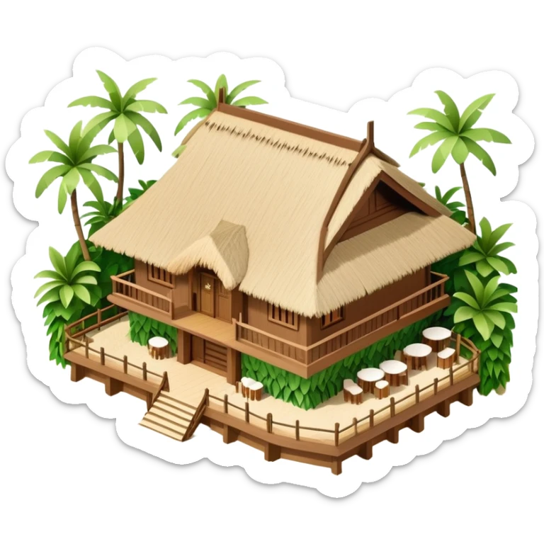 Isometric exterior brown and beige and green luxury polynesian beach resort restaurant, dollhouse style 3D realistic  sticker