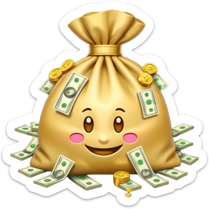 Luxury 3D emoji, overflowing money bag, stacks of cash, premium lighting, rich glossy look, ultra clean, transparent background


 sticker