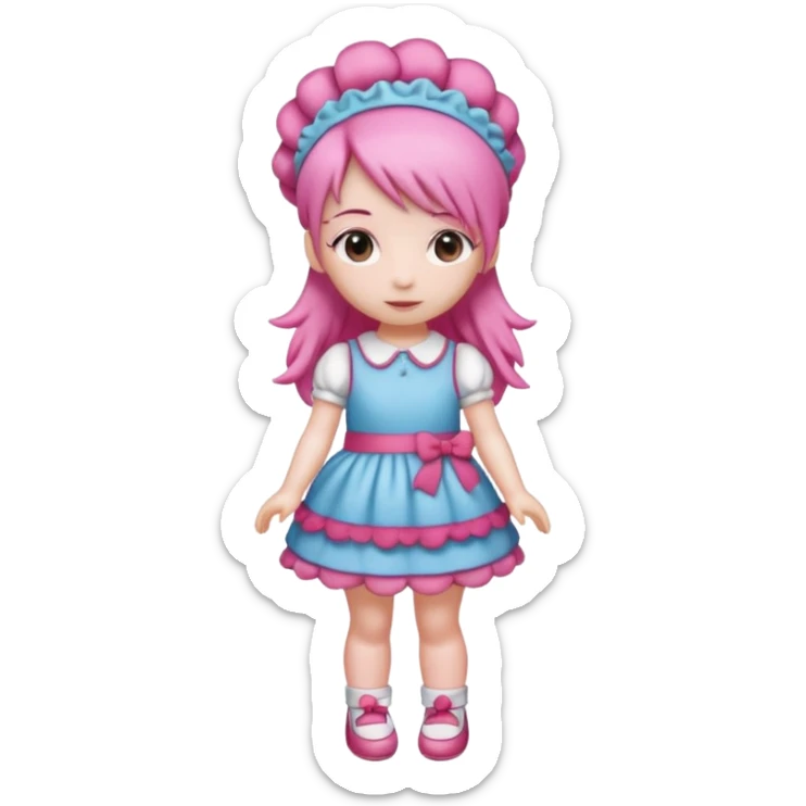 Isolated detaile illustration of the most modern raspberry torte doll figurine full body with pink hair and a hairband sticker