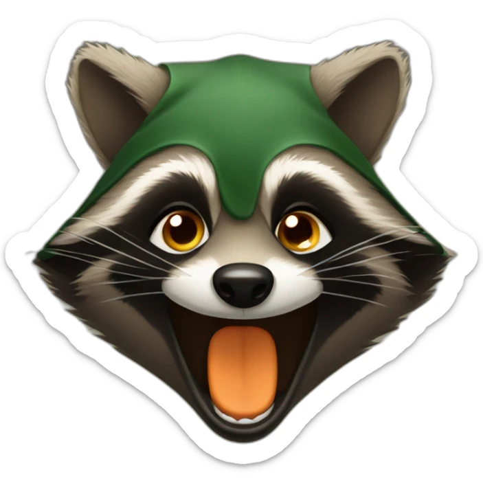brown raccoon with orange eyes and a dark green hood that is laughing sticker