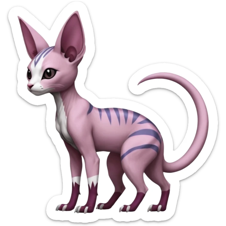 Purple, white, black, Minccino-Sphynx-Lykoi-Linoone-Zangoose-fusion-hybrid-animal-Fakémon-creature, full body, thin long sleek scaly tail, intricate markings sticker