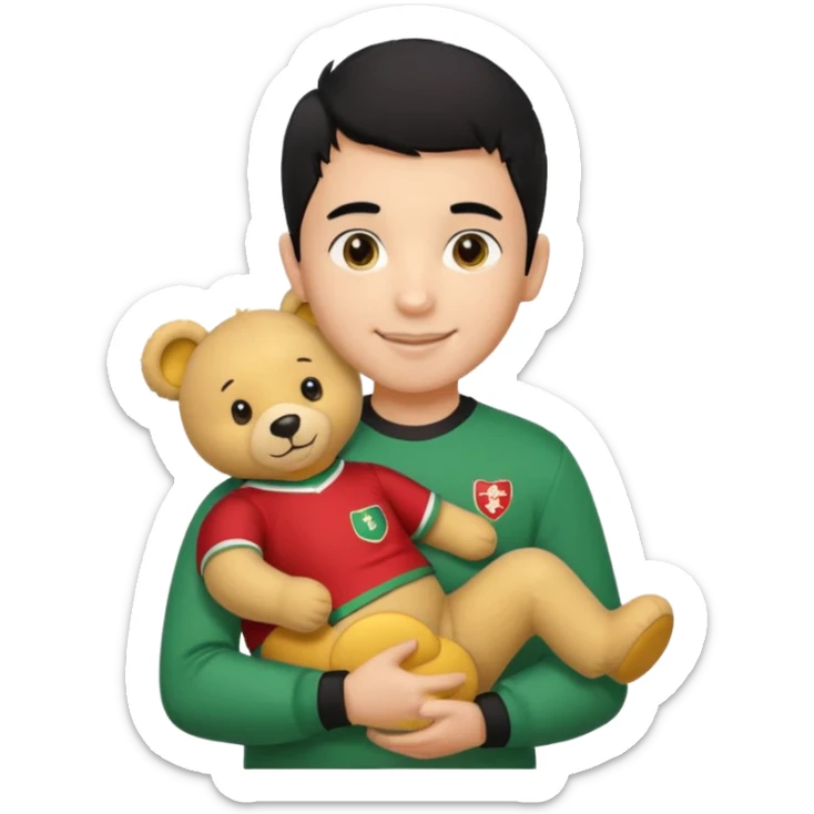 Une garçon qui a les cheveux noir qui sourit il a un maillot de l’algerie et qui a un doudou jaune sur son epaule un ours jaune qui a des habille noir sticker