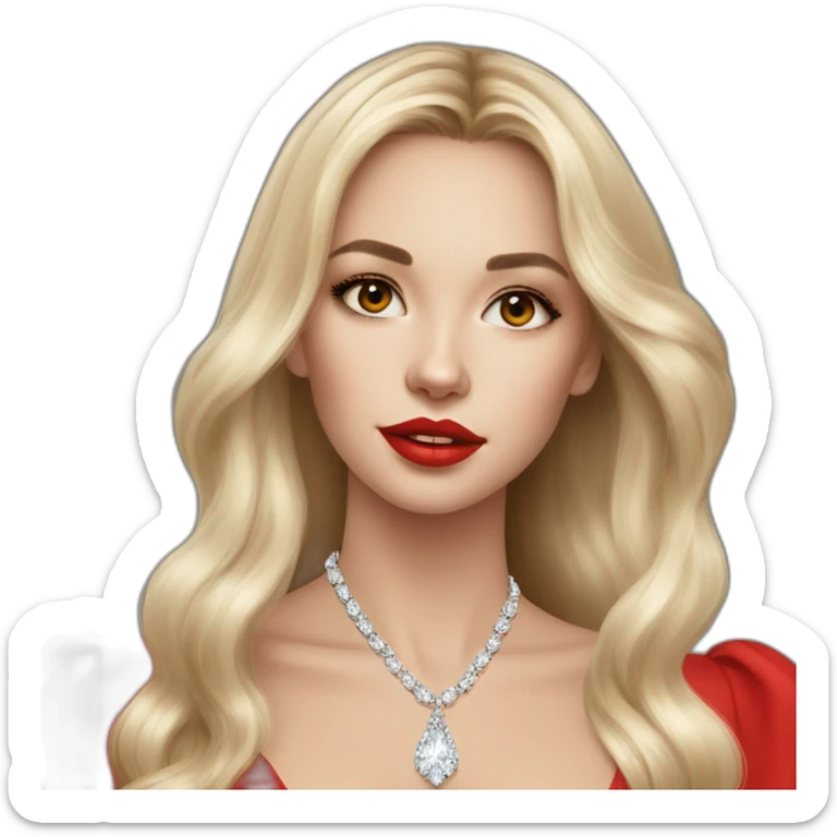 beautiful russian girl with light skin long hair red lipstick wearing red low neck dress with a diamond necklace sticker