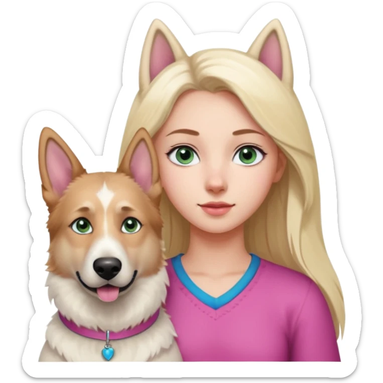 White European young woman with blue-green eyes and long blond hair with her white German Shepherd dog,the Dog hast a pink nose and short fur  and Brown eyes sticker