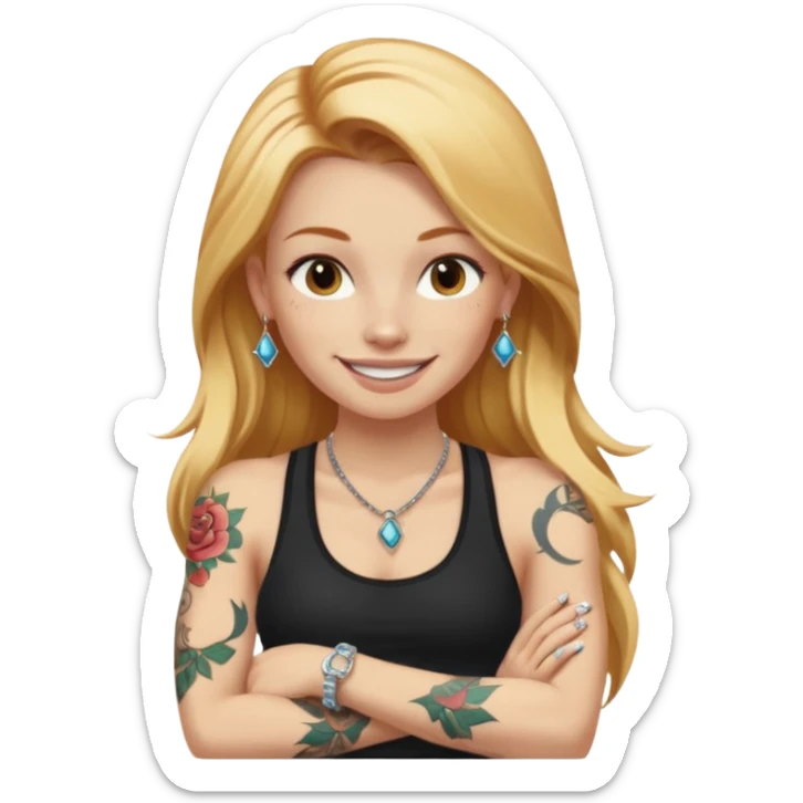 girl with long blonde hair and tattoos next to an athletic ginger girl jewelery sticker