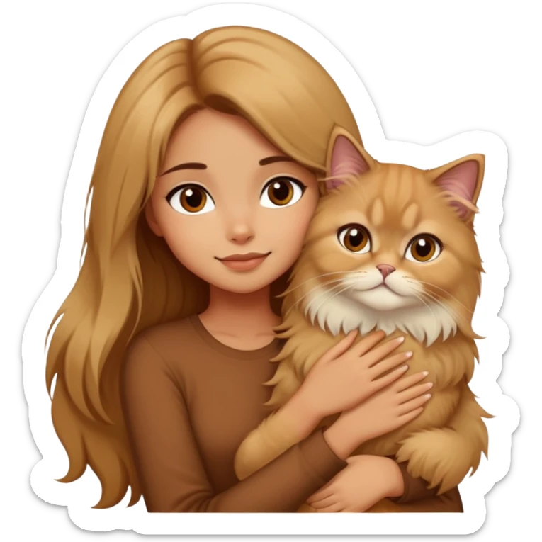 A pretty girl with long brown hair is hugging her blonde Persian cat. The girl has brown hair, and only the cat is blonde. sticker