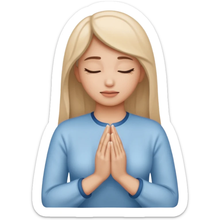 Two hands in prayer pose, only woman's hands, muted blue outline, beige fill, soft glow, apple emoji style, PNG, transparent background sticker