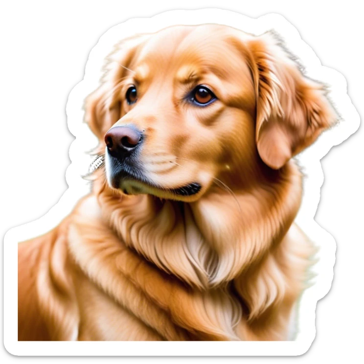Cinematic Noble Golden Retriever Portrait Emoji, Poised and regal, with a strong, athletic build and a lustrous, well-groomed golden coat, deep-set soulful brown eyes, Simplified yet sharp and sophisticated features, highly detailed, glowing with a soft, dignified glow, high shine, intelligent and friendly, stylized with an air of warmth, focused and attentive, soft glowing outline, capturing the essence of a watchful and confident companion, so majestic it feels as though it could bound out of the screen with effortless authority! sticker