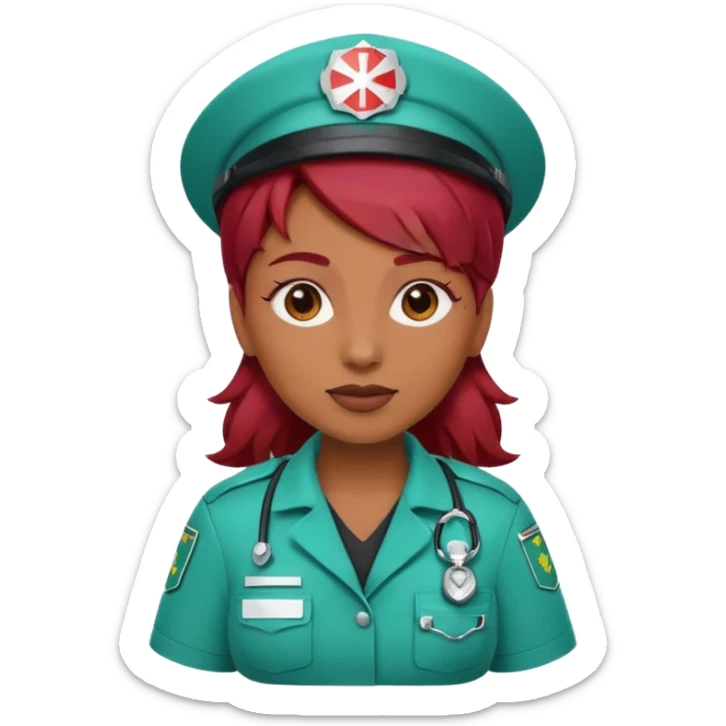 medium brown skin tone woman emoji with red burgundy hair in a paramedic costume sticker