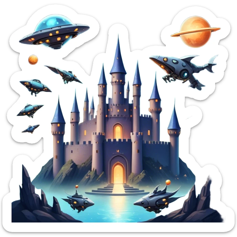 Icon for Fantasy and Sci-Fi Movies: A magical collage with flying dragons. futuristic spaceships and UFOs. Stars and planets shimmer in the background with a mystical castle Hogvards an ancient wizard and robots. The atmosphere is epic, otherworldly and adventurous. Transparent background. sticker