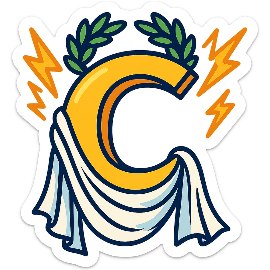 cartoonish letter C with features inspired by Greek gods of Olympus, such as a laurel wreath, lightning, and flowing robes, representing Chronos, only the letter C sticker