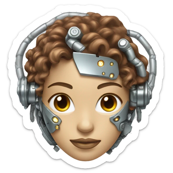 female cyborg head with metallic plated face, long brown curly hair and circuitry sticker