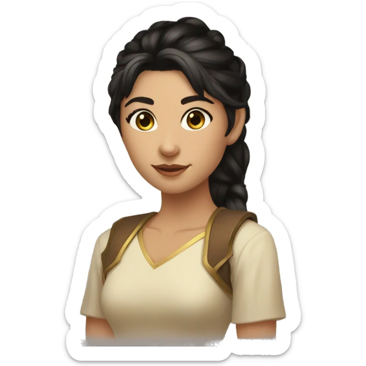 Tan, fem, half elf, short ponytail, black hair, light brown higlight hair, gold eyes  sticker