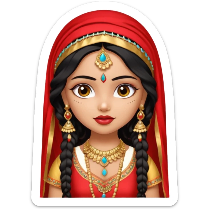 a pretty bratz fair indian girl wearing a red indian wedding outfit with dupatta on head,  golden jewellery, black wavy hair sticker