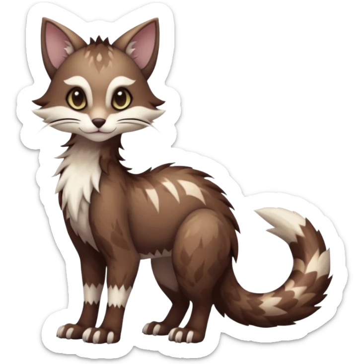 Kawaii dark edgy brown beige white fantasy ethereal feline-vernid-sergal-furret-fursona animal creature with a tufted tail full body with intricate markings  sticker