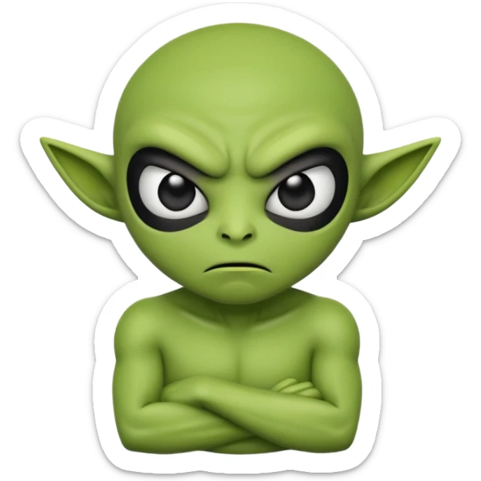 An emoji-style alien face with an angry expression, green skin, large black eyes, furrowed eyebrows, and a slanted side turned mouth, arms folded across chest showing contempt sticker