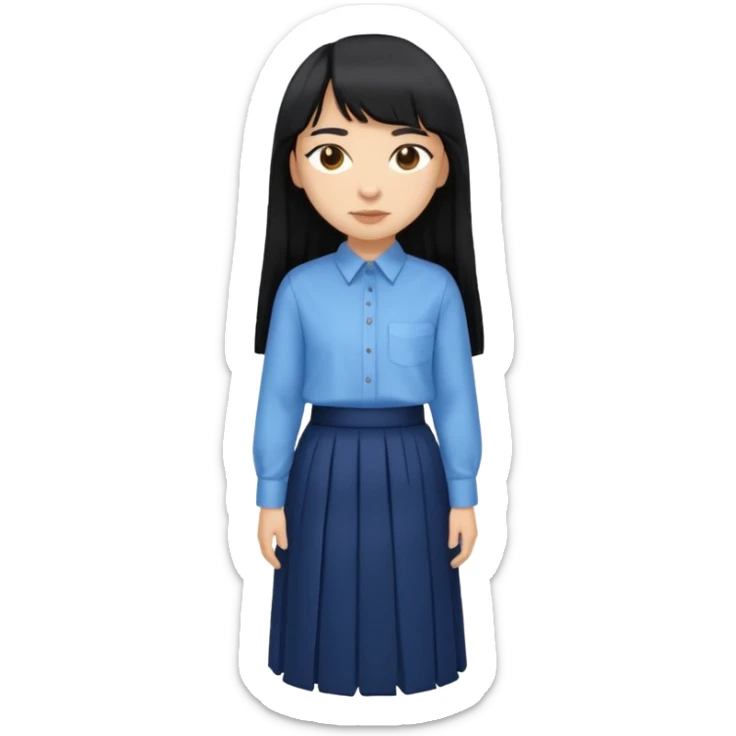 hair : black long hair with fringe 
skin : light 
cloth : oversize light blue shirt + navy long long skirt 
 sticker