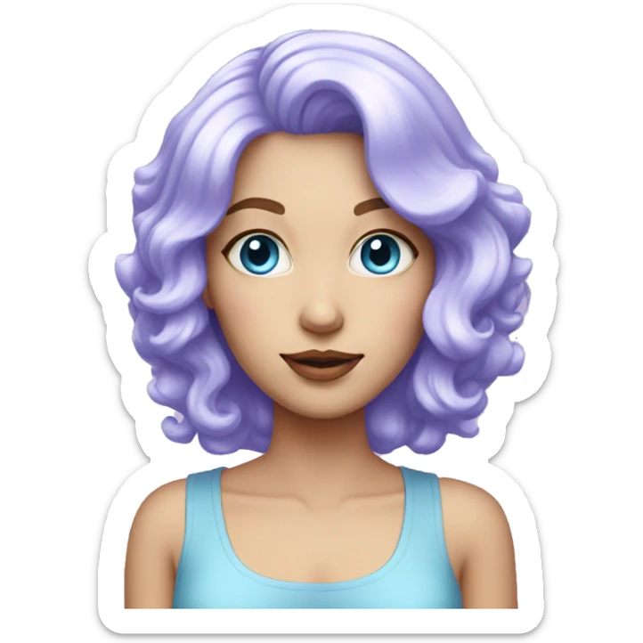white woman with blue eyes and hair with lilac wig and candy clothes sticker