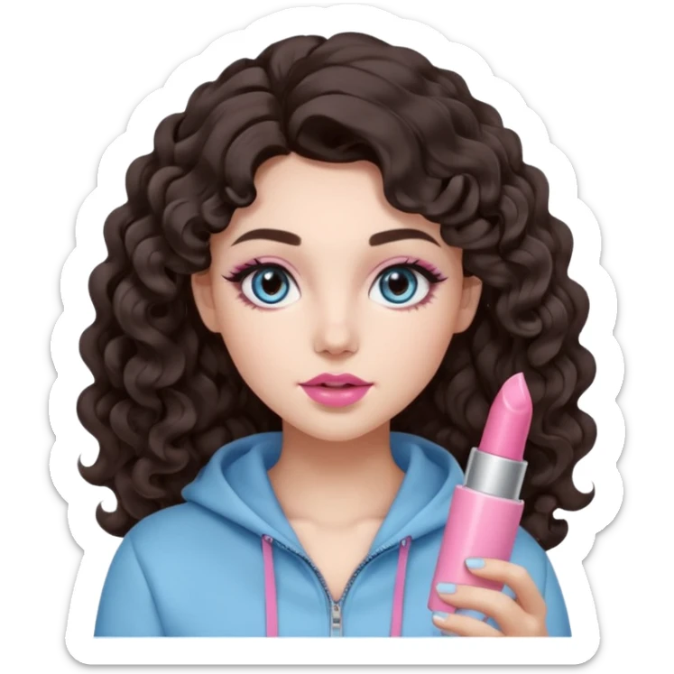 A girl with long dark brown hair styled in loose 36mm curls, round-almond Douyin-style eyes with long curled lashes, cool-tone neutral makeup. She’s wearing a light-blue athletic outfit and holding a normal-size pink lipstick (not oversized) in one hand. sticker