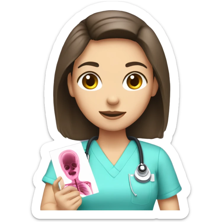 Brunette girl in pink scrubs looking at an arm X-ray  sticker