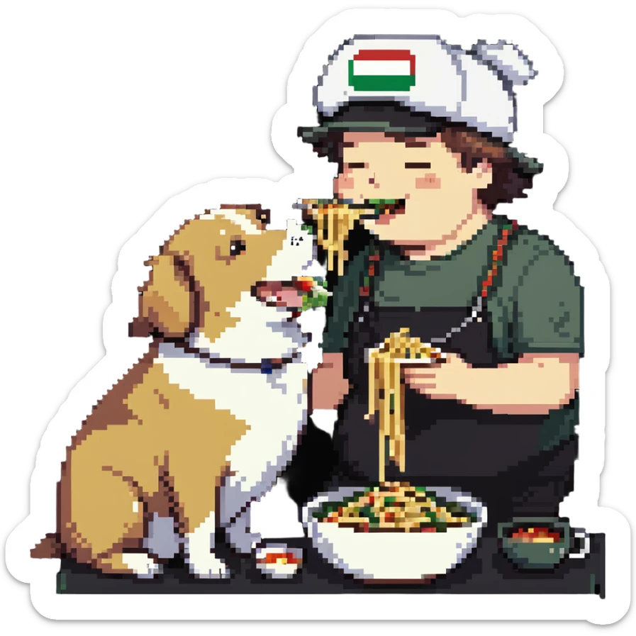guy in Italy eating pasta with a huge, happy, fat whale of a dog wearing an Italy hat sticker