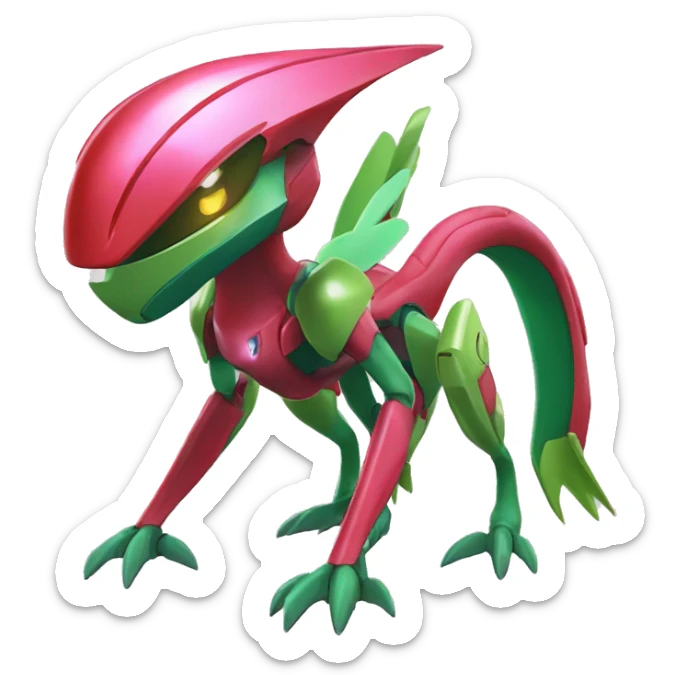 a shiny Genesect-Flygon-Raptor-Fakémon—hybrid with a futuristic visor-helmet full body sticker