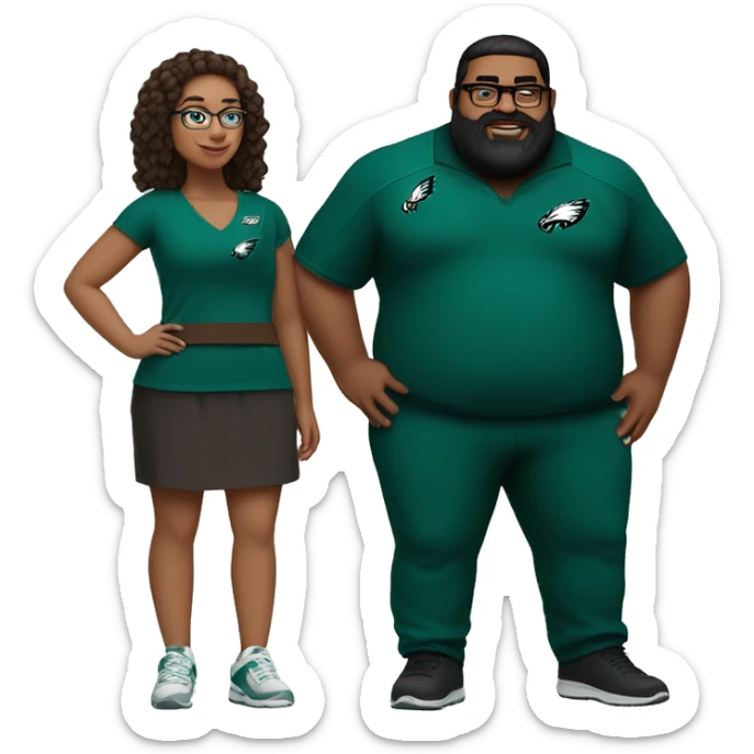 Fat Brown guy with beard mustache and brown girl with glasses and her hair in a bun in Philadelphia eagles clothes holding hands sticker