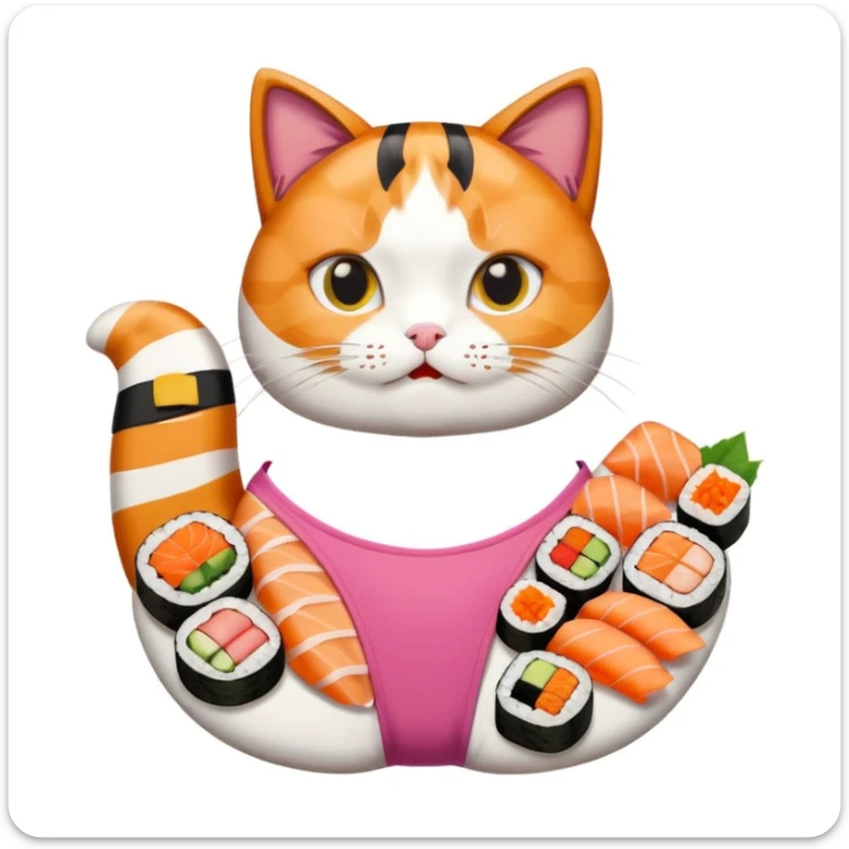 cat wearing a one piece swimsuit made of many individual pieces of sushi, emoji style sticker
