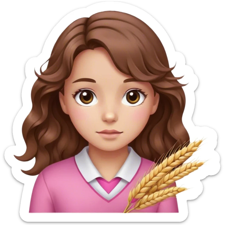Wavy, Brown hair, wheat skin, black eyes, pink clothes and pink ribbon, slightly slanted eyes, girl sticker