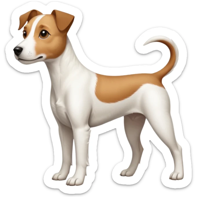 a full body large white parson russell terrier looking dog the size of a kelpie with light brown long ears and a light brown patch on one eye and a large snout sticker