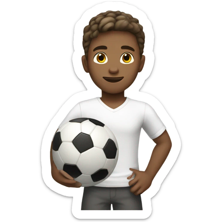 A boy with dark blonde hair, holding a soccer ball in his hand, wearing a white shirt. sticker