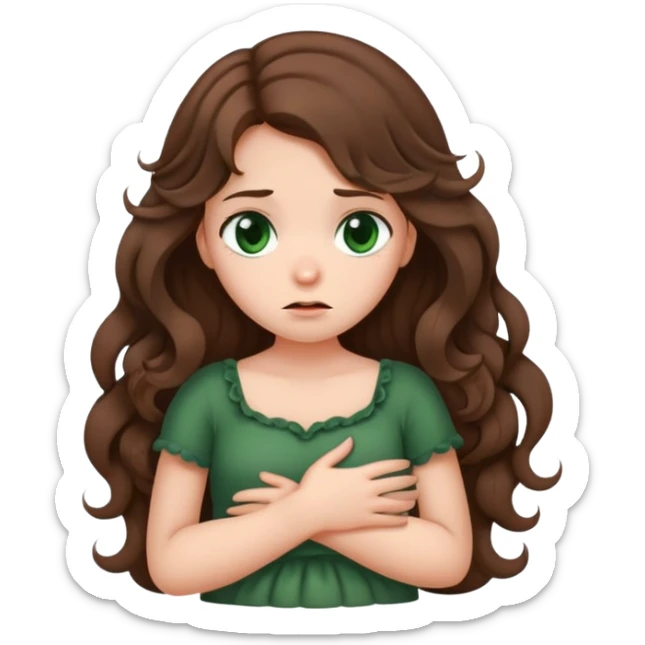 Sad Girl with curled brown long length hair and dark green eyes with belly ache sticker