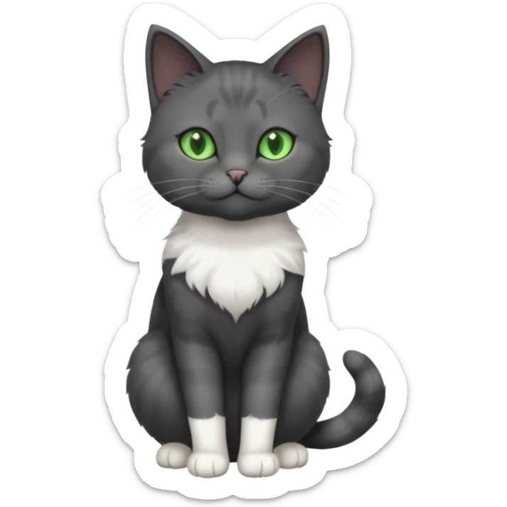 full body view of beautiful female solid dark grey cat with green eyes, white toes and white patch on chest sticker
