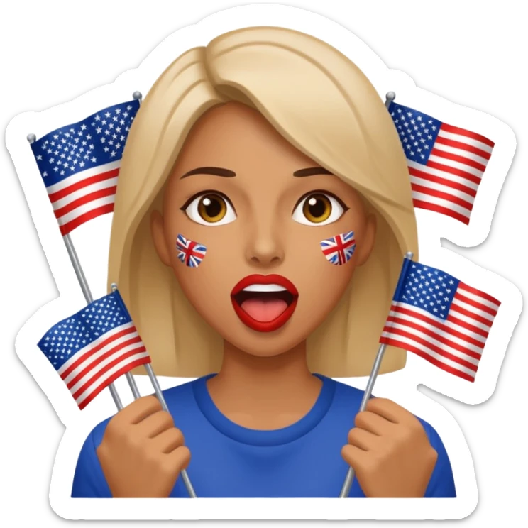 a woman is talking and the English and American flags are coming out sticker
