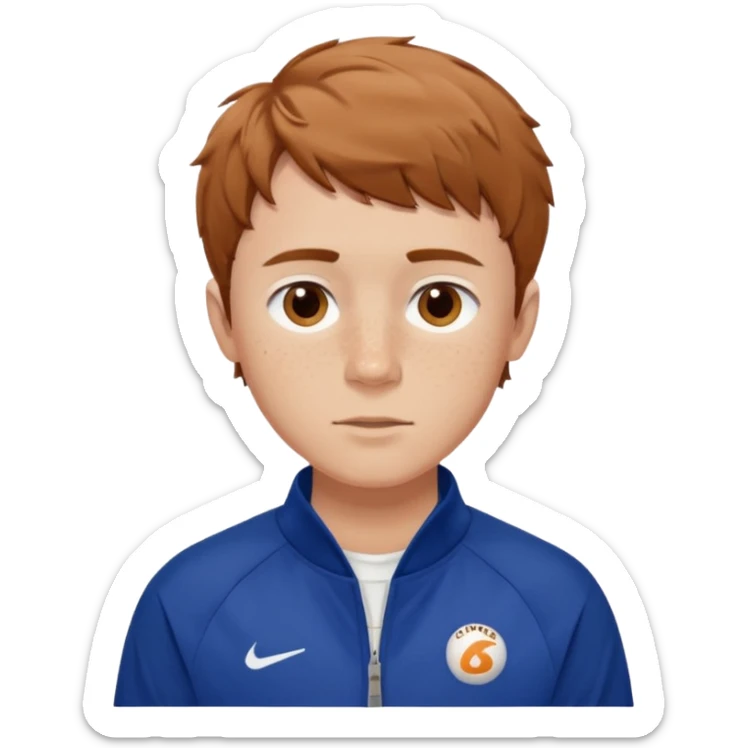 Owen Cooper in brown short choppy fringe wavy short hair and brown eyes, with freckles on this cheeks, wearing a deep blue sports jacket and white shirt sticker