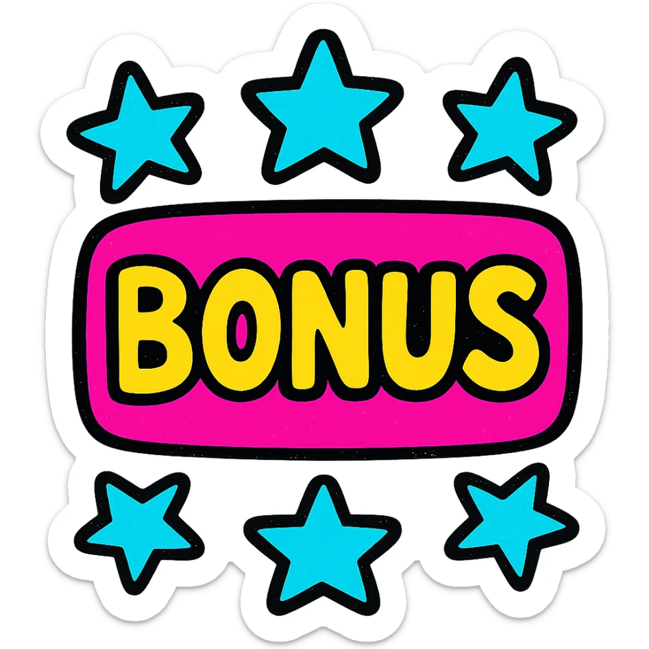 sign with the word BONUS in the center, surrounded by stars, colorful and eye-catching style sticker