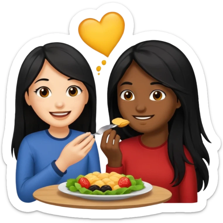 Fair skin woman with long black hair with her Brown skin ned boyfriend with his fine cut blacked hair eating together . Sticker sticker