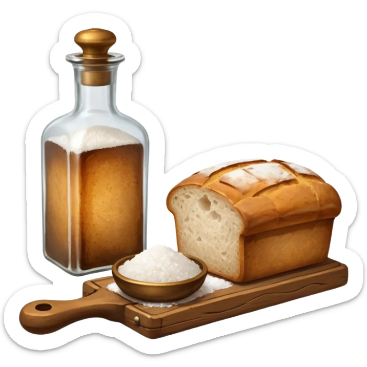 steampunk - a bottle of salt (salt cellar) and a loaf of peasant bread - still life composition sticker
