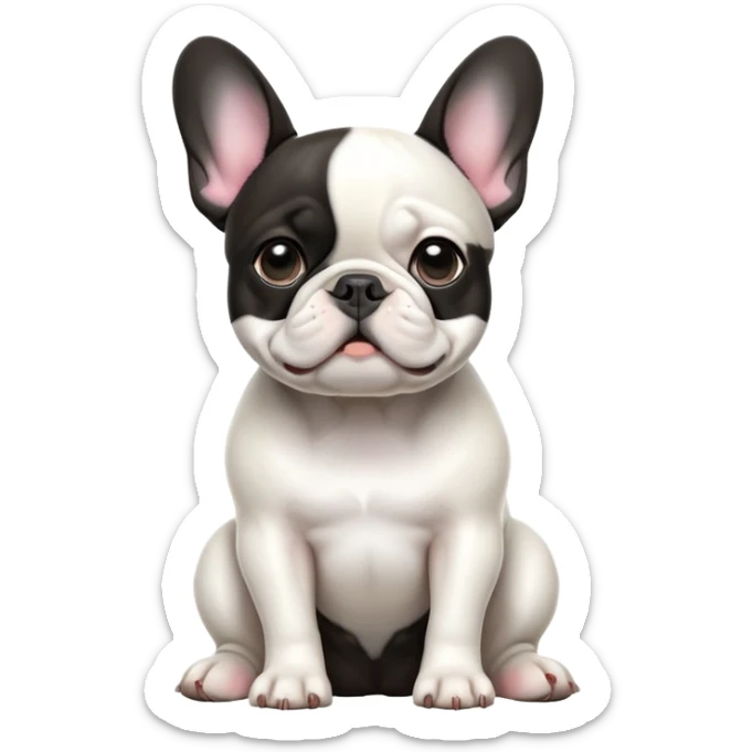 cinematic-[french bulldog]-realistic-full-body-sitting-emoji,-tail-resting-loosely-beside-its-paws,-head-tilted-dramatically,-sleek-[black ant white pied]-fur,-simplified-yet-realistic-focused-features,-highly-detailed,-glowing-with-an-almost-sarcastic-glow sticker