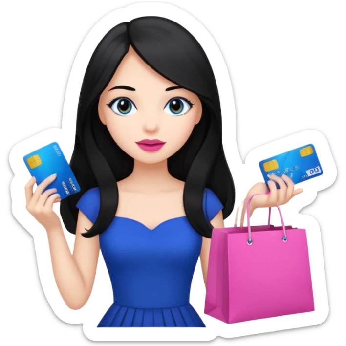 Girl with long black hair, pink lipstick, brown eyes holding shopping bags and blue credit card and wearing a black dress  sticker