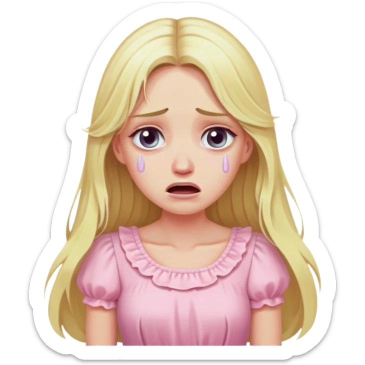 blonde with long hair and swamp eyes in a pink pastel dress, cry sticker