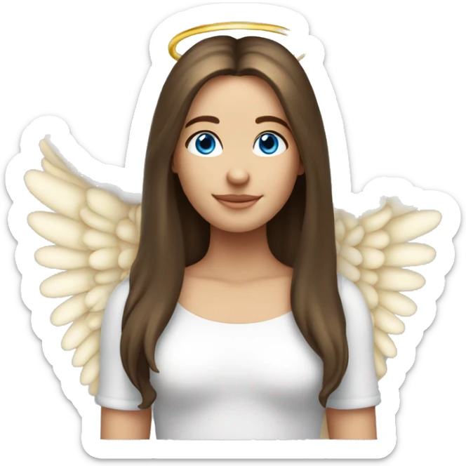 Caucasian brunette angel with long straight hair, dimples, big blue eyes, golden hoop halo over head and wings on back sticker