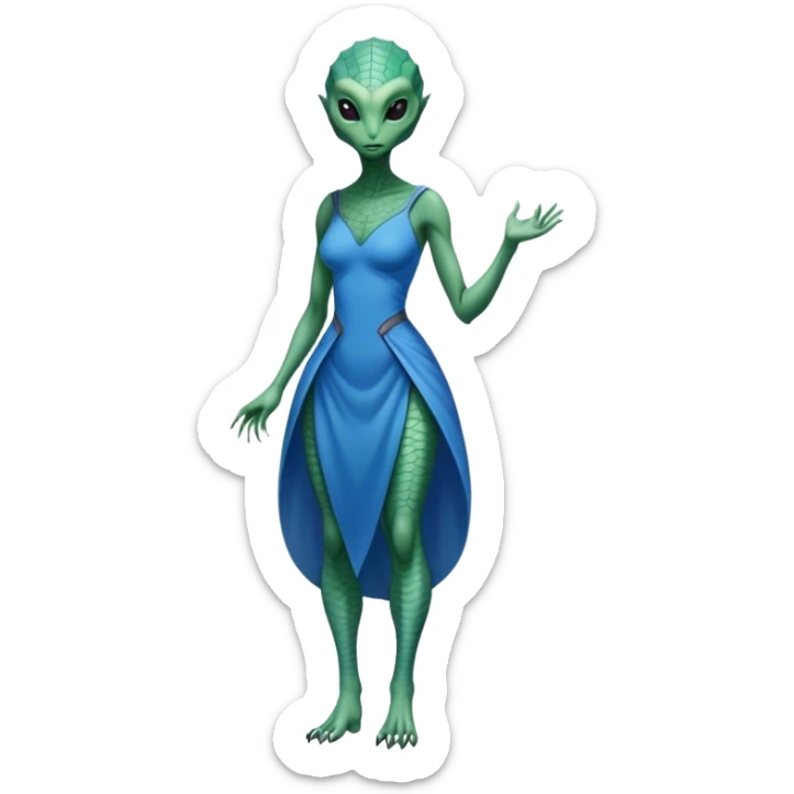a reptilian alien woman full body, in blue dress sticker