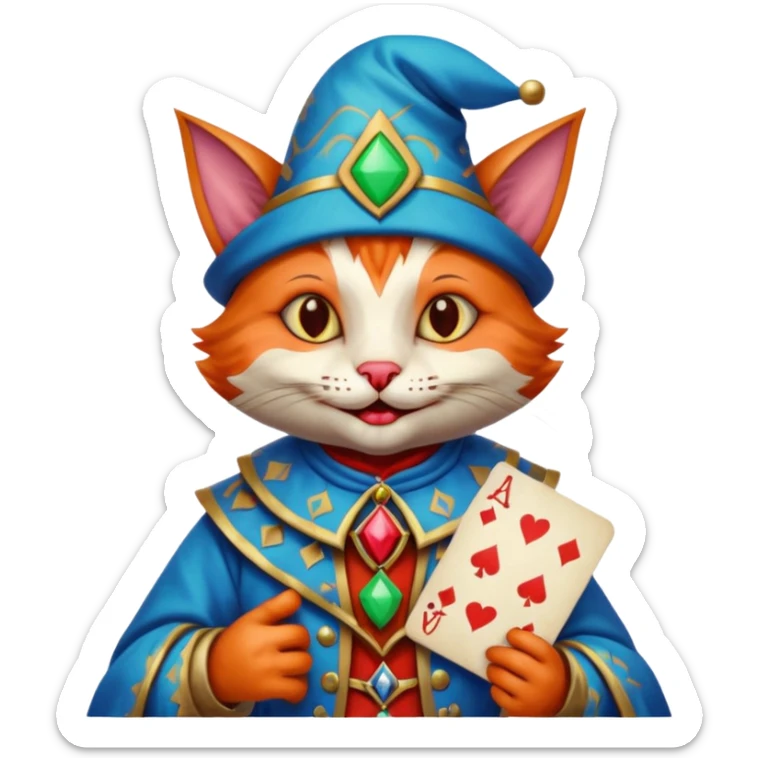 crazy colorful cute little cat jolly joker from poker, medieval, vintage, court jester, mac os icon, blue color, poker cards, mage sticker