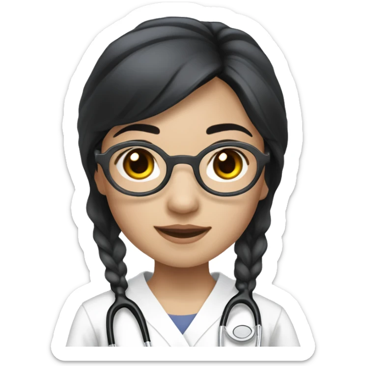 Asian girl, with white skin tone, black hair, wearing silver round harry potter glasses and a white scrub and a stethoscope  sticker